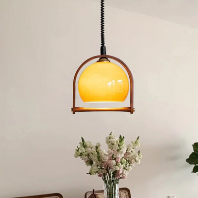 Contemporary Retro Round Half Circle Solid Wood Frame Glass Shade 1-Light Pendant Light For Living Room