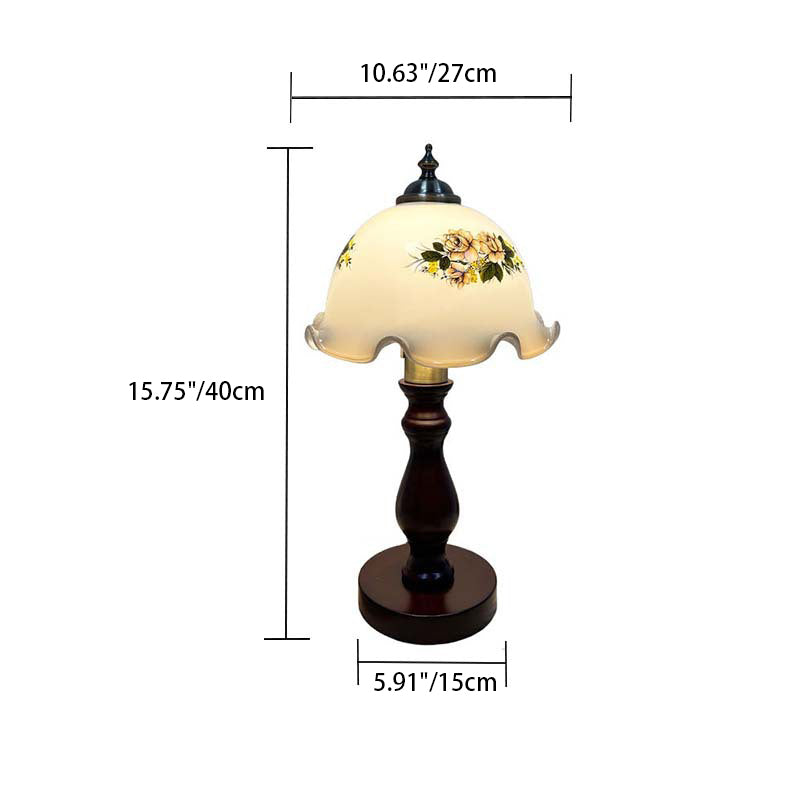 Traditional Rustic Dome Flower Solid Wood Metal Base Glass Shade 1-Light Table Lamp For Bedroom