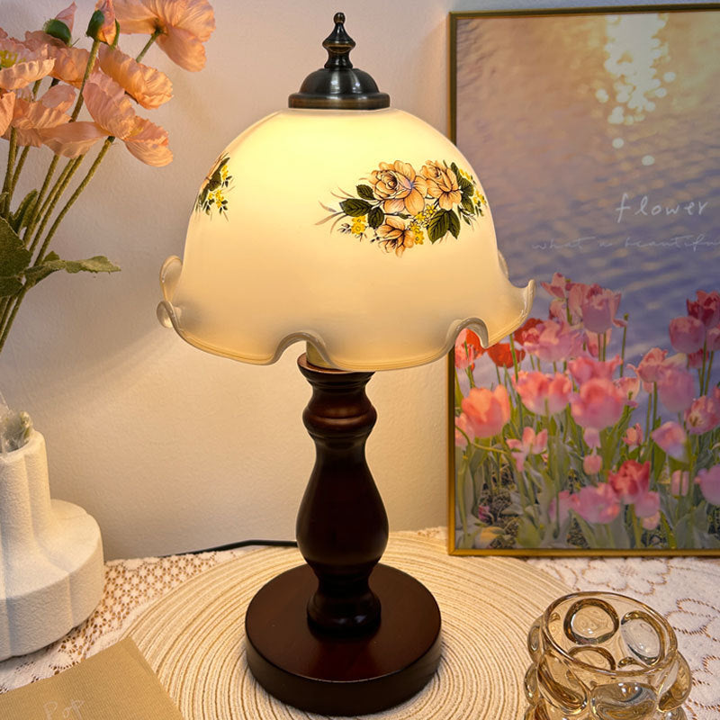 Traditional Rustic Dome Flower Solid Wood Metal Base Glass Shade 1-Light Table Lamp For Bedroom