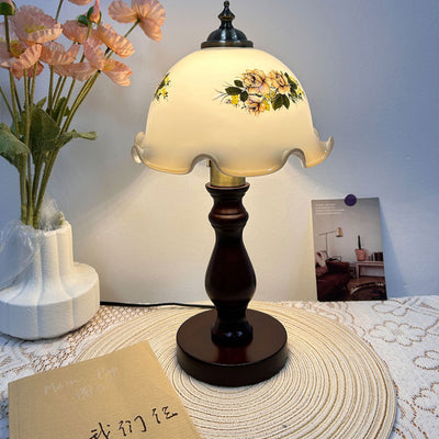 Traditional Rustic Dome Flower Solid Wood Metal Base Glass Shade 1-Light Table Lamp For Bedroom