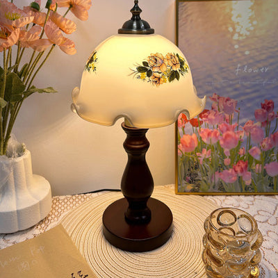 Traditional Rustic Dome Flower Solid Wood Metal Base Glass Shade 1-Light Table Lamp For Bedroom