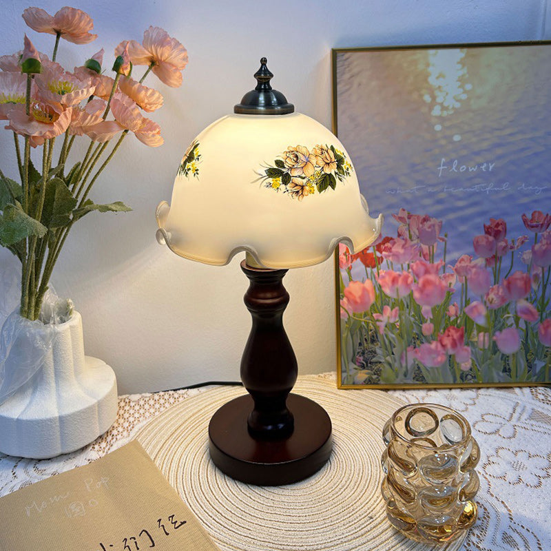 Traditional Rustic Dome Flower Solid Wood Metal Base Glass Shade 1-Light Table Lamp For Bedroom