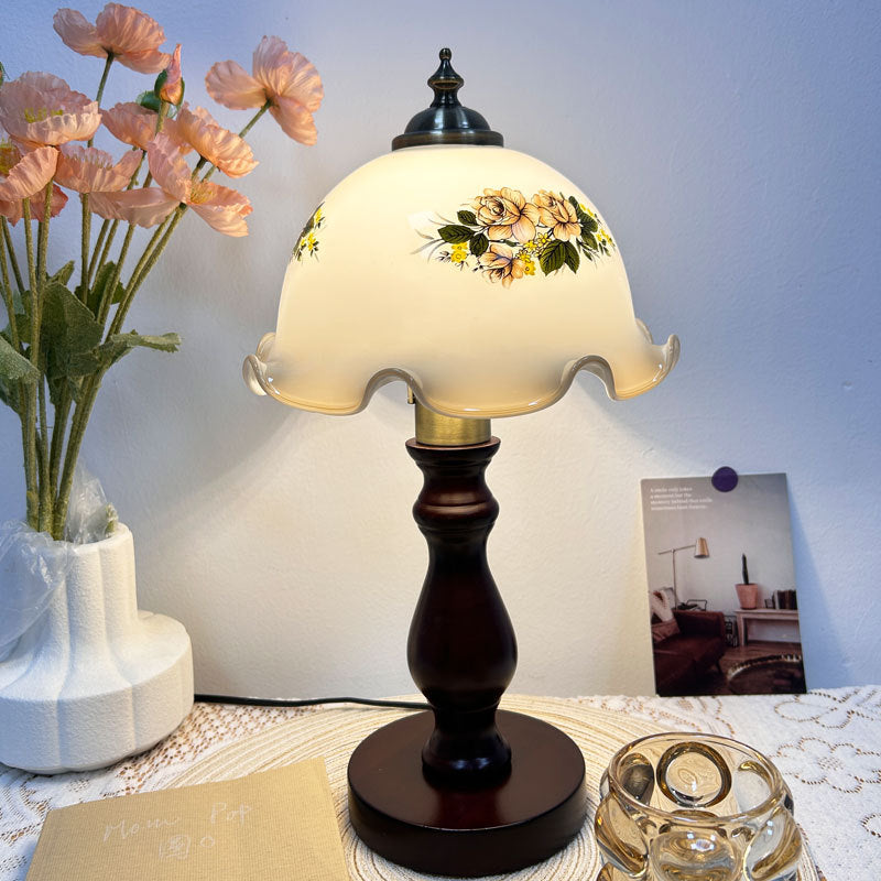 Traditional Rustic Dome Flower Solid Wood Metal Base Glass Shade 1-Light Table Lamp For Bedroom