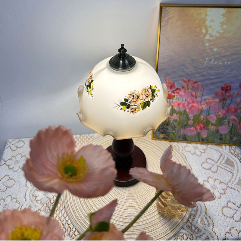 Traditional Rustic Dome Flower Solid Wood Metal Base Glass Shade 1-Light Table Lamp For Bedroom