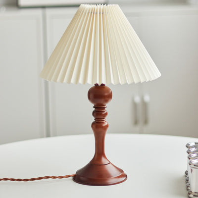 Contemporary Retro Solid Wood Base Pleated Fabric Shade 1-Light Table Lamp For Living Room