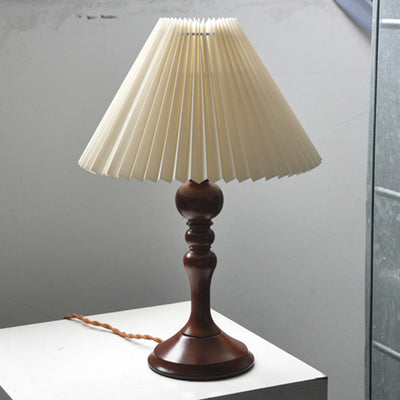 Contemporary Retro Solid Wood Base Pleated Fabric Shade 1-Light Table Lamp For Living Room