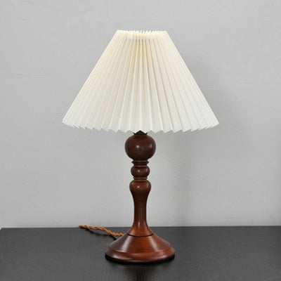 Contemporary Retro Solid Wood Base Pleated Fabric Shade 1-Light Table Lamp For Living Room