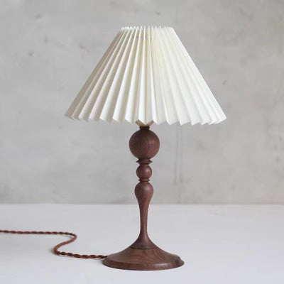 Contemporary Retro Solid Wood Base Pleated Fabric Shade 1-Light Table Lamp For Living Room