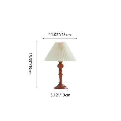 Contemporary Retro Solid Wood Base Pleated Fabric Shade 1-Light Table Lamp For Living Room