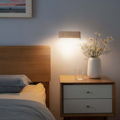 Moderne minimalistische magnetische rechteckige Holz LED Wandleuchte Lampe für Schlafzimmer 