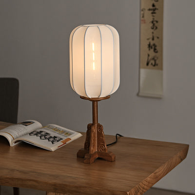 Traditional Chinese Cylindrical Wood Silk 1-Light Table Lamp For Living Room