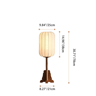 Traditional Chinese Cylindrical Wood Silk 1-Light Table Lamp For Living Room