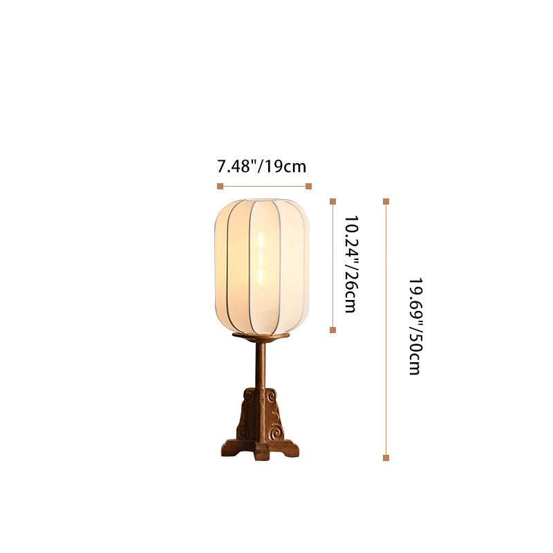 Traditional Chinese Cylindrical Wood Silk 1-Light Table Lamp For Living Room