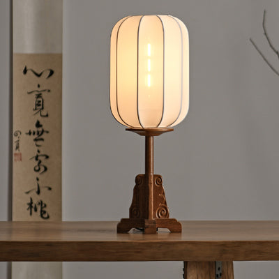 Traditional Chinese Cylindrical Wood Silk 1-Light Table Lamp For Living Room