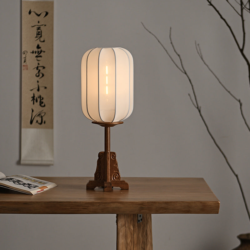 Traditional Chinese Cylindrical Wood Silk 1-Light Table Lamp For Living Room