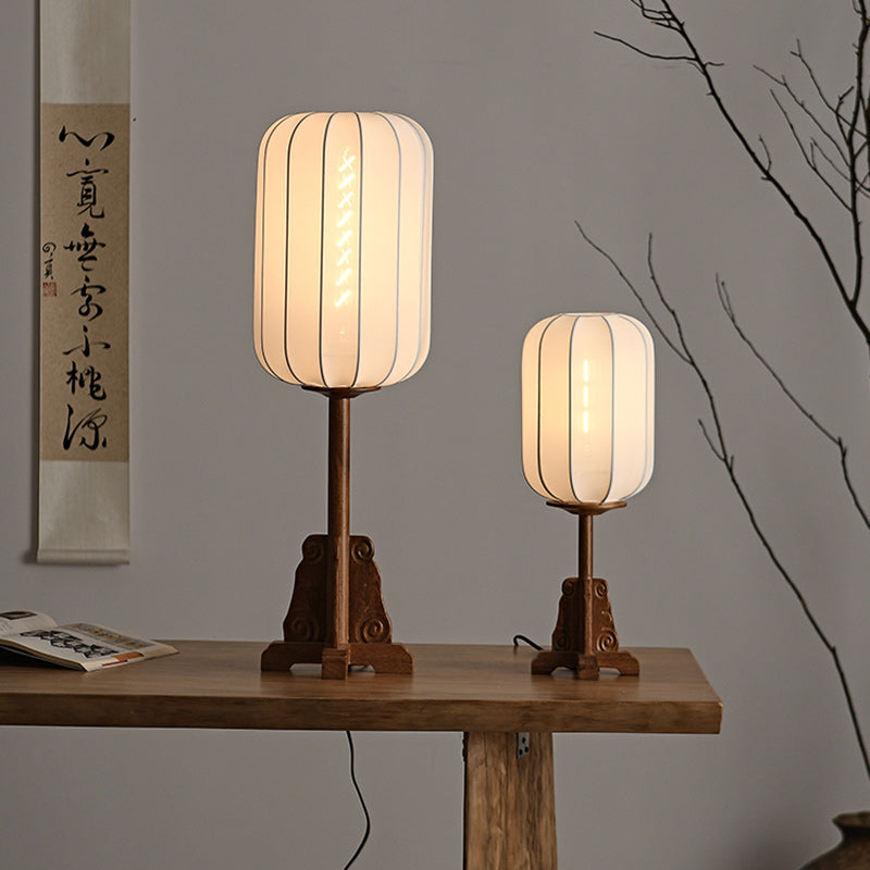 Traditional Chinese Cylindrical Wood Silk 1-Light Table Lamp For Living Room