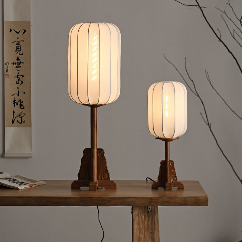 Traditional Chinese Cylindrical Wood Silk 1-Light Table Lamp For Living Room