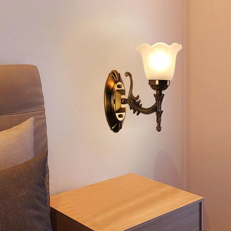 Traditional European Carved Flower Hardware Glass 1-Light Wall Sconce Lamp For Living Room