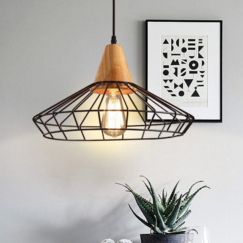 Contemporary Nordic Skeleton Round Polygon Solid Wood Iron 1-Light Pendant Light For Living Room