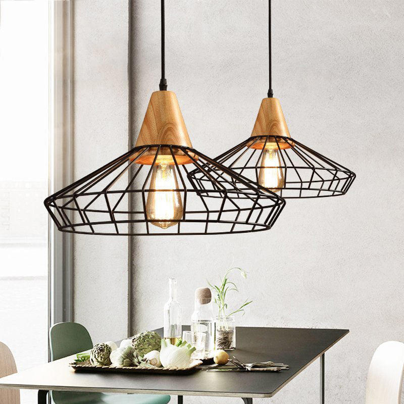 Contemporary Nordic Skeleton Round Polygon Solid Wood Iron 1-Light Pendant Light For Living Room