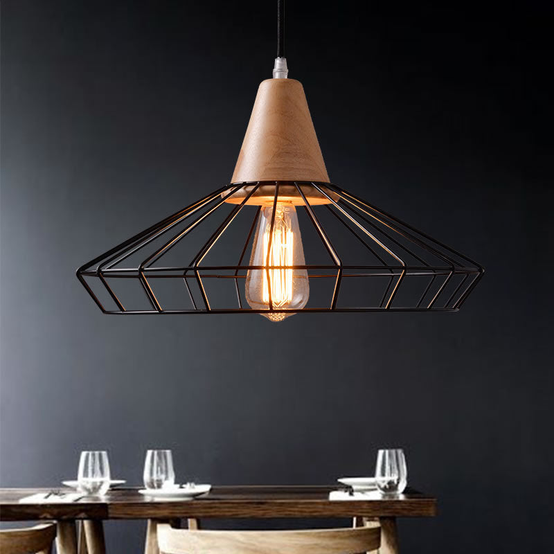 Contemporary Nordic Skeleton Round Polygon Solid Wood Iron 1-Light Pendant Light For Living Room