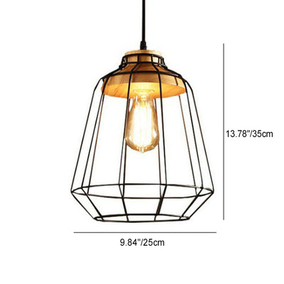 Contemporary Nordic Skeleton Round Polygon Solid Wood Iron 1-Light Pendant Light For Living Room