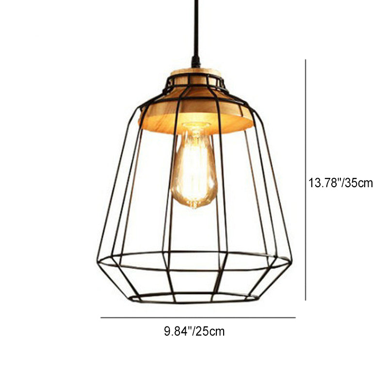 Contemporary Nordic Skeleton Round Polygon Solid Wood Iron 1-Light Pendant Light For Living Room