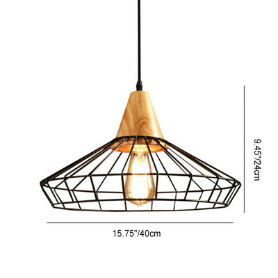 Contemporary Nordic Skeleton Round Polygon Solid Wood Iron 1-Light Pendant Light For Living Room