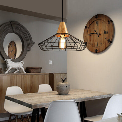 Contemporary Nordic Skeleton Round Polygon Solid Wood Iron 1-Light Pendant Light For Living Room