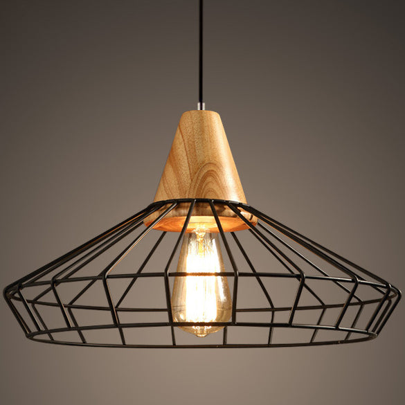 Contemporary Nordic Skeleton Round Polygon Solid Wood Iron 1-Light Pendant Light For Living Room