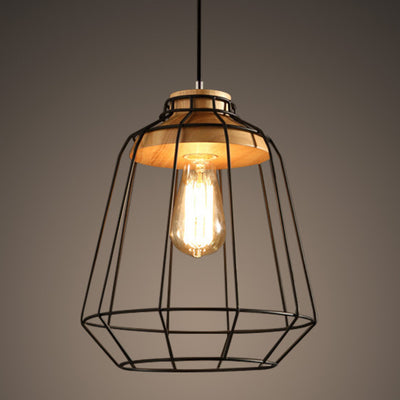 Contemporary Nordic Skeleton Round Polygon Solid Wood Iron 1-Light Pendant Light For Living Room