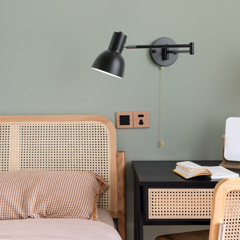 Moderne minimalistische Swing Arm Runde Zylinder Eisen Stoff 1-Licht Wandleuchte Lampe für Schlafzimmer 