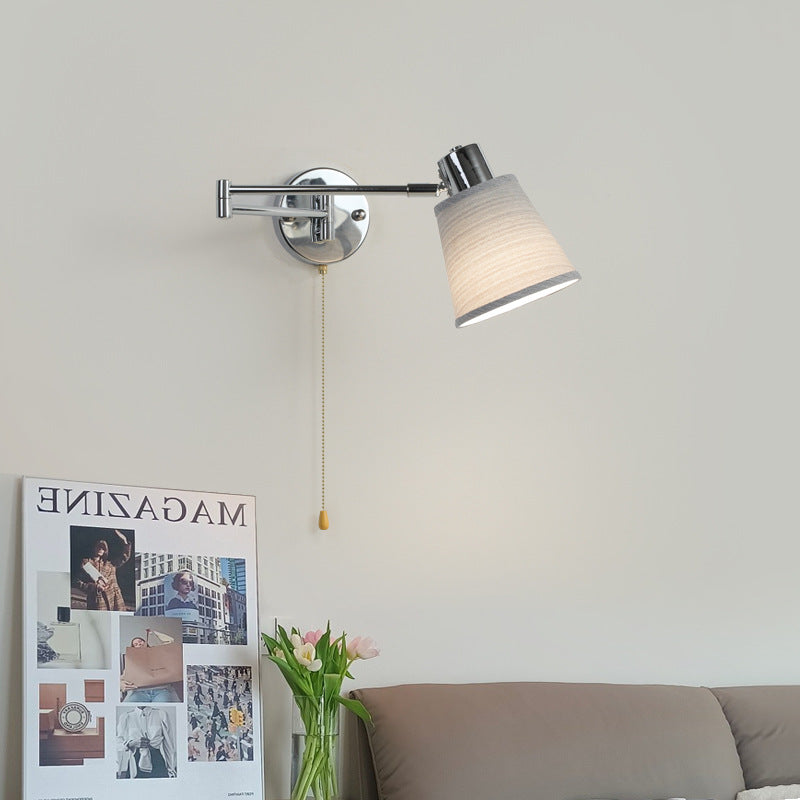 Moderne minimalistische Swing Arm Runde Zylinder Eisen Stoff 1-Licht Wandleuchte Lampe für Schlafzimmer 