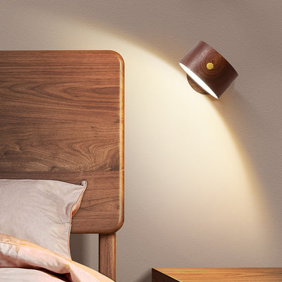 Moderne minimalistische USB wiederaufladbare runde Metall Massivholz Kunststoff LED Wandleuchte Lampe für Schlafzimmer 