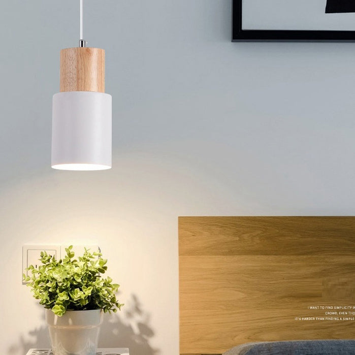 Moderne minimalistische runde Zylinder Massivholz Hardware 1-Licht Pendelleuchte für Wohnzimmer 