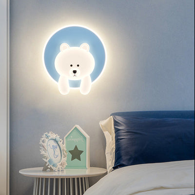 Contemporary Creative Kids Round Cloudy Bear Iron Acrylic LED Wall Sconce Lamp For Bedroom