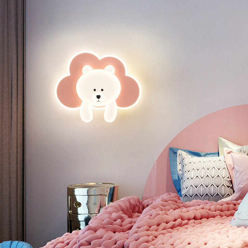 Contemporary Creative Kids Round Cloudy Bear Iron Acrylic LED Wall Sconce Lamp For Bedroom