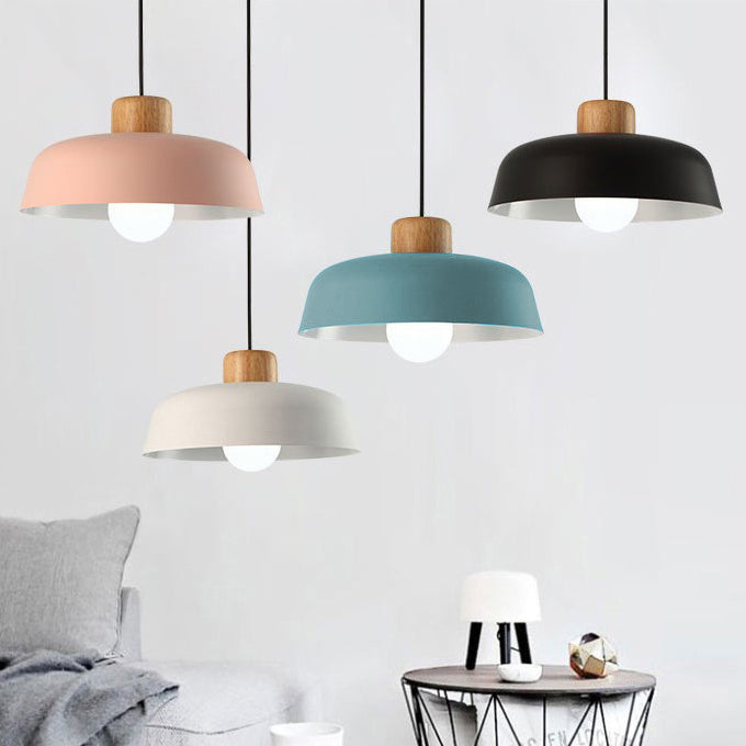 Contemporary Nordic Round Pot Lid Shape Wood Iron 1-Light Pendant Light For Living Room