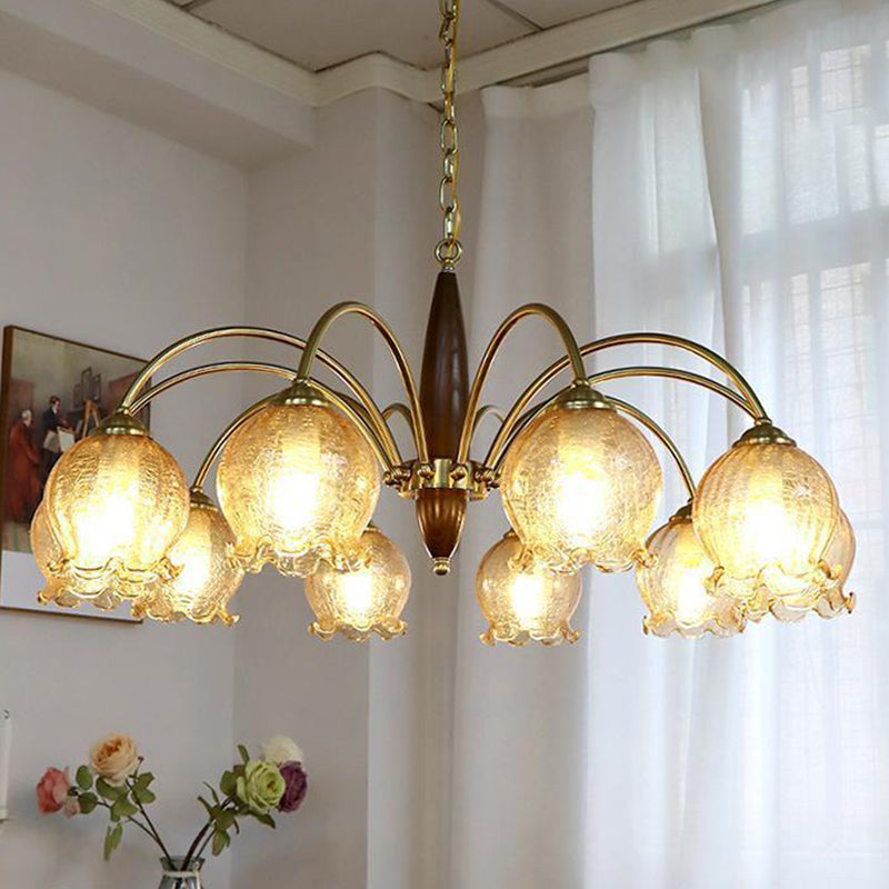 Traditional French Branch Curved Rod Floral Wood Iron Frame Acrylic Glass Shade 3/6/8/10 Light Chandelier For Living Room