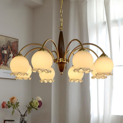 Traditional French Branch Curved Rod Floral Wood Iron Frame Acrylic Glass Shade 3/6/8/10 Light Chandelier For Living Room