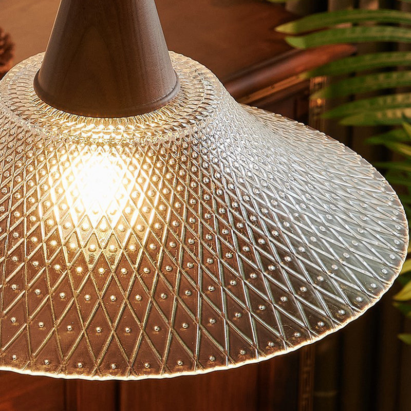 Traditional Japanese Round Cone Brass Wood Glass Shade 1-Light Pendant Light For Living Room