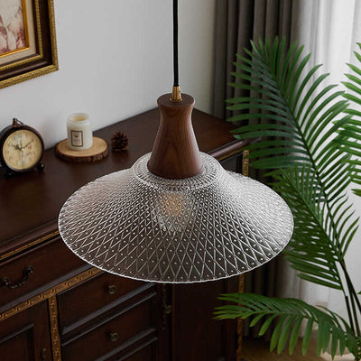 Traditional Japanese Round Cone Brass Wood Glass Shade 1-Light Pendant Light For Living Room