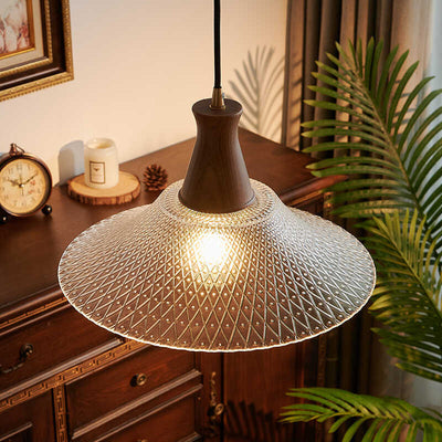 Traditional Japanese Round Cone Brass Wood Glass Shade 1-Light Pendant Light For Living Room