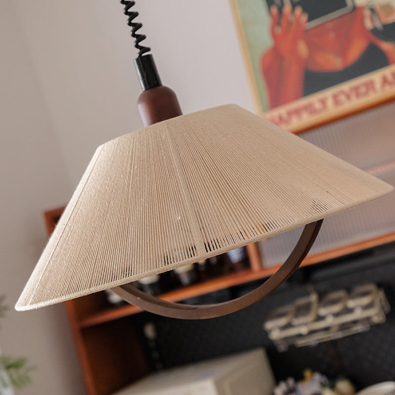 Contemporary Retro Retractable Round Trapezoidal Ash Wood Cotton Linen 1-Light Pendant Light For Living Room