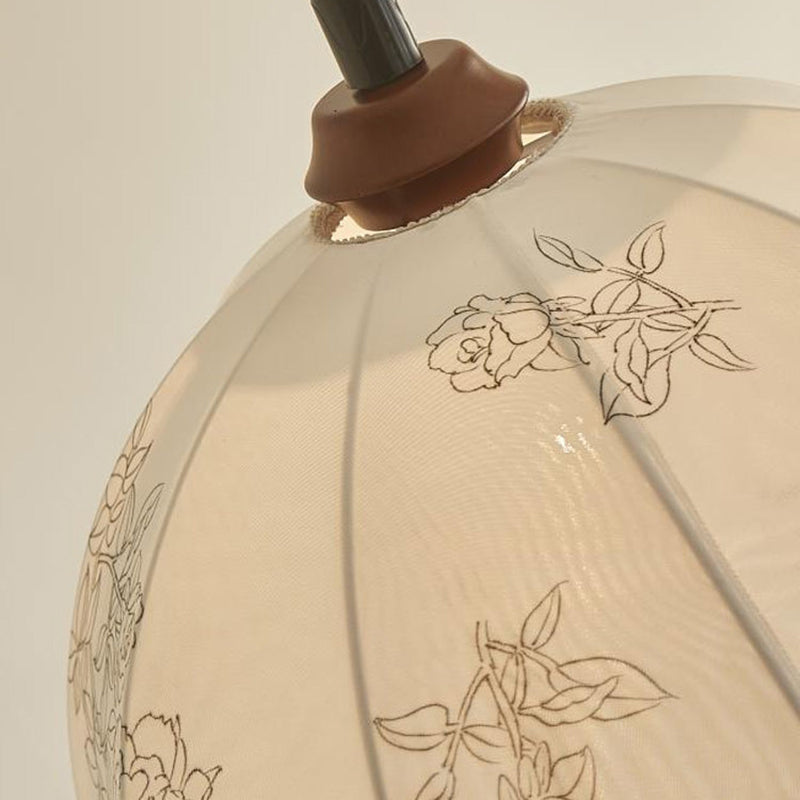 Traditional French Round Dome Floral Print Solid Wood Fabric 1-Light Pendant Light For Living Room