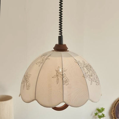 Traditional French Round Dome Floral Print Solid Wood Fabric 1-Light Pendant Light For Living Room