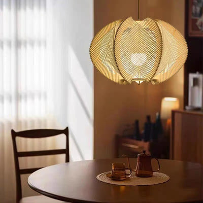 Traditional Japanese Round Hand-Woven Twine Wood 1 Light Pendant Light For Living Room