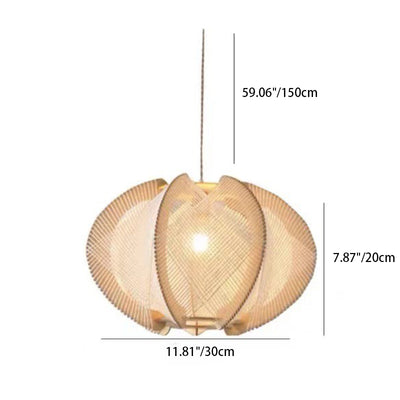 Traditional Japanese Round Hand-Woven Twine Wood 1 Light Pendant Light For Living Room