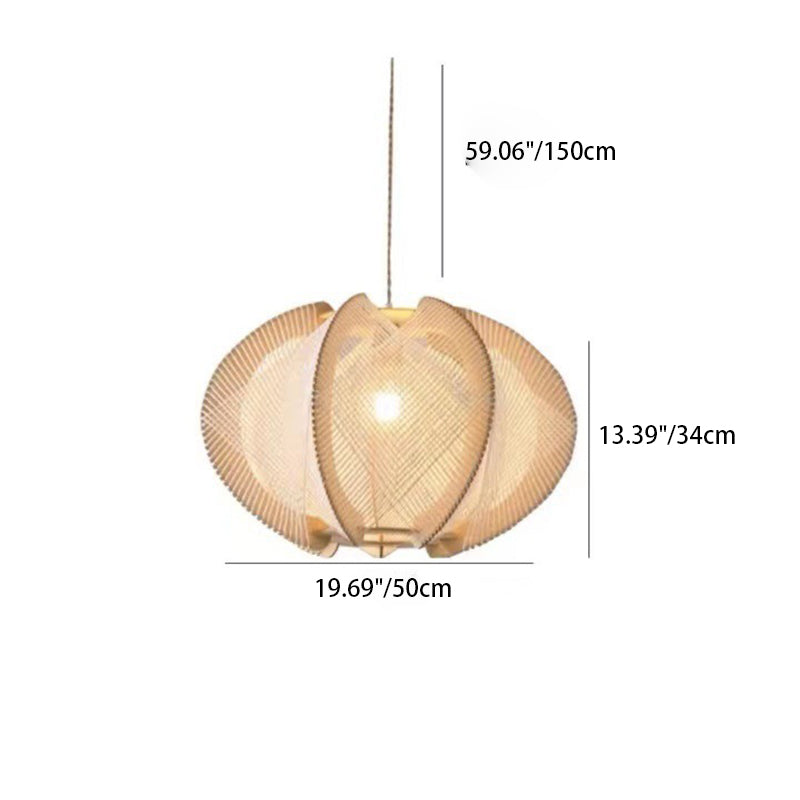 Traditional Japanese Round Hand-Woven Twine Wood 1 Light Pendant Light For Living Room