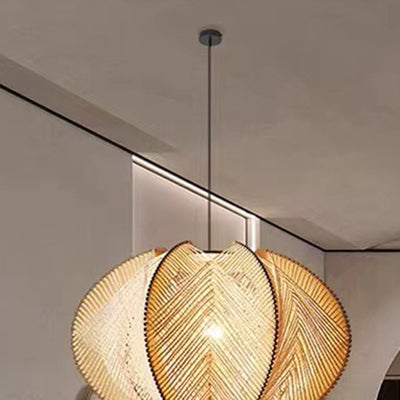 Traditional Japanese Round Hand-Woven Twine Wood 1 Light Pendant Light For Living Room